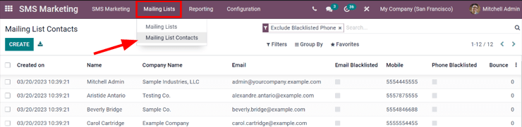 View of the mailing lists contact page in the Juniper SMS Marketing application.