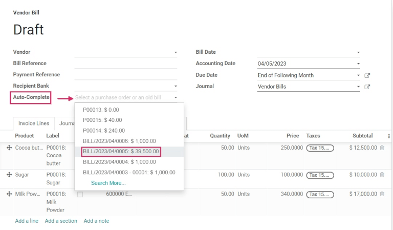 Auto-complete drop-down list on draft vendor bill.