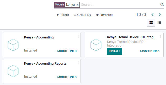 The three modules for the Kenya Fiscal Localization Package on Juniper