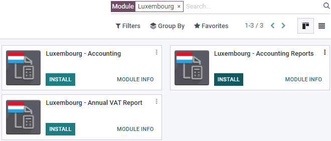 The three modules for the Luxembourgish Fiscal Localization Package on Juniper