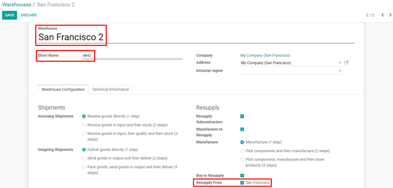 A warehouse settings form configured to allow resupplying between warehouses.