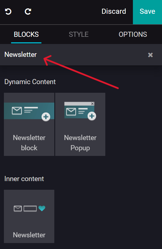 View of how to quickly search for Newsletter blocks in the Juniper Website application.