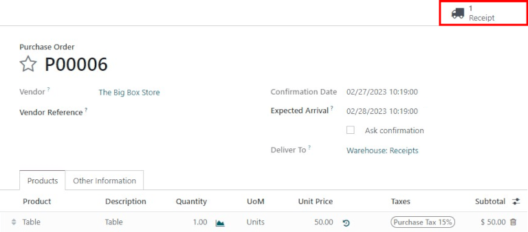 Receipt smart button appears on the confirmed purchase order.