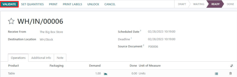 Validate the purchase order via the Validate smart button.