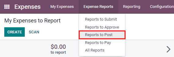 View reports to post by clicking on expense reports, then reports to post.