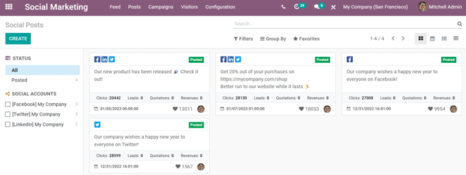 Kanban view of the posts page in the Juniper Social Marketing application.