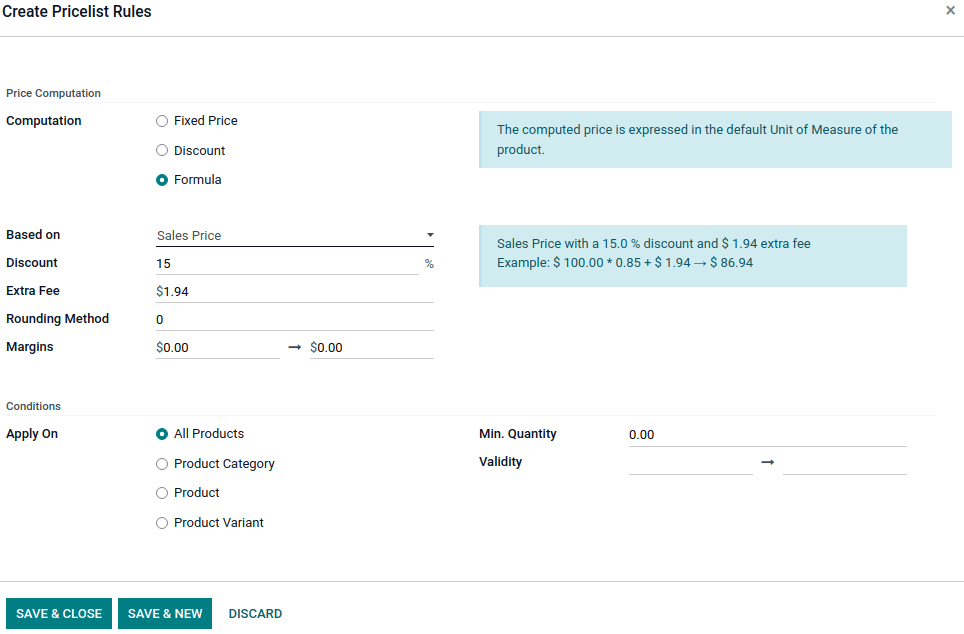 Setup form to configure an advanced pricelist