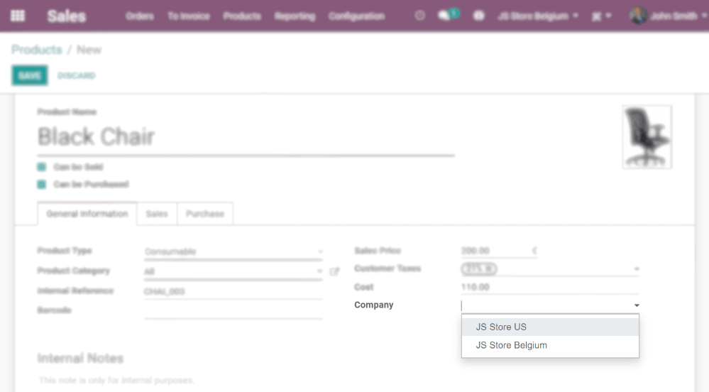 View of a product's form emphasizing the company field in Juniper Sales