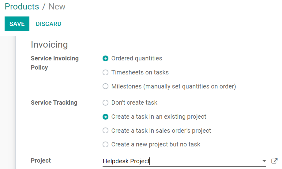 View of a product form and the invoicing options under the tab sales in Juniper Sales