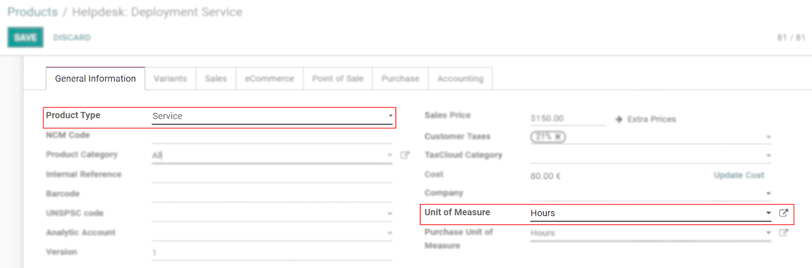 View of a product's form emphasizing the product type and unit of measure fields in Juniper Sales