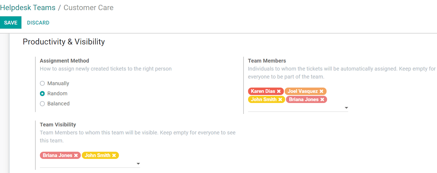 View of a helpdesk team settings page emphasizing the productivity and visibility features in Juniper Helpdesk