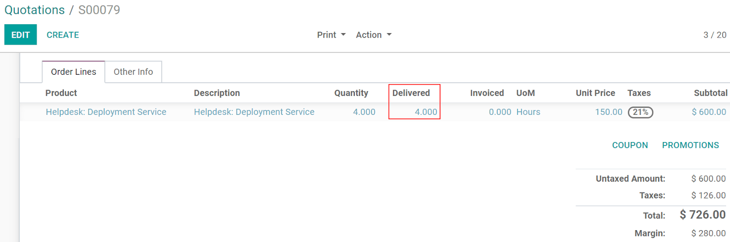 View of a sales order emphasizing the delivered column in Juniper Sales