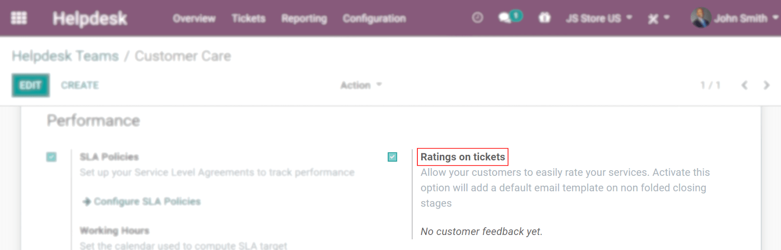 Overview of the settings page of a helpdesk team emphasizing the rating on ticket feature in Juniper Helpdesk