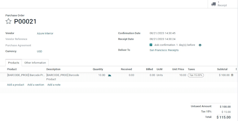 Completed purchase order for barcode product.