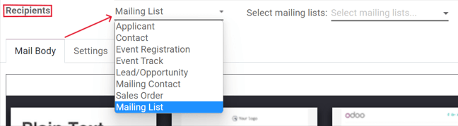 View of recipients drop-down menu in the Juniper Email Marketing application.