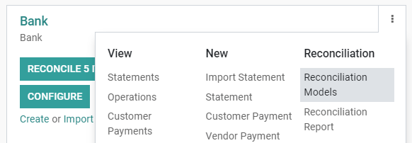 Open the reconciliation model menu from the overview dashboard in Juniper Accounting.