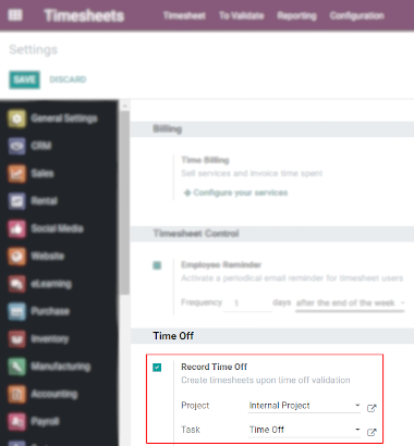 View of Timesheets setting enabling the feature record time off in Juniper Timesheets