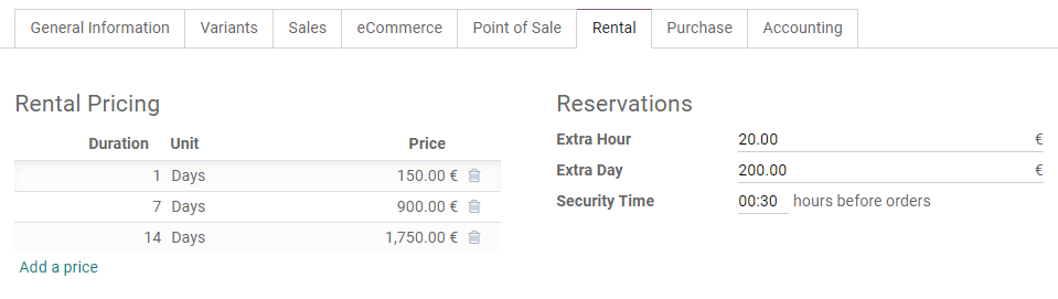 Example of rental pricing configuration in Juniper Rental