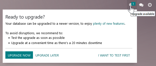 The upgrade message prompt on the top right of the database