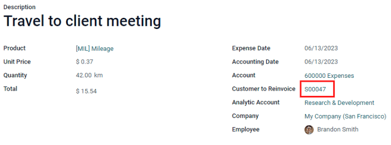 After the expense report is posted to the journal entry, the sales order can be called up by clicking on the sales order number.