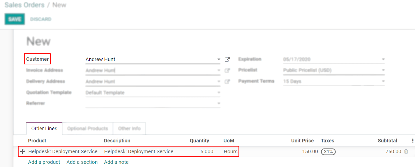 View of a sales order emphasizing the order lines in Juniper Sales