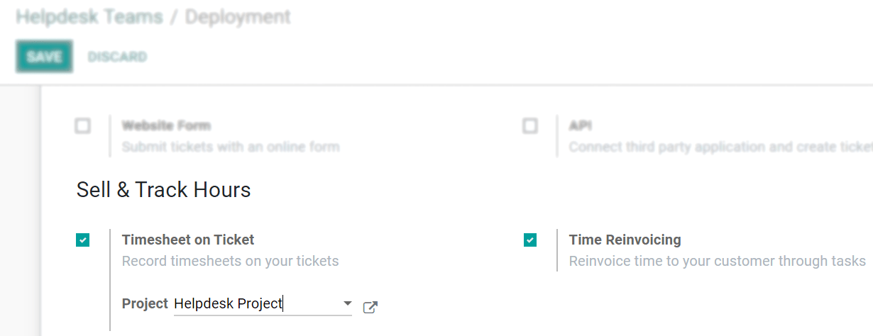 View of a helpdesk team settings page emphasizing the timesheet on ticket and time reinvoicing features in Juniper Helpdesk