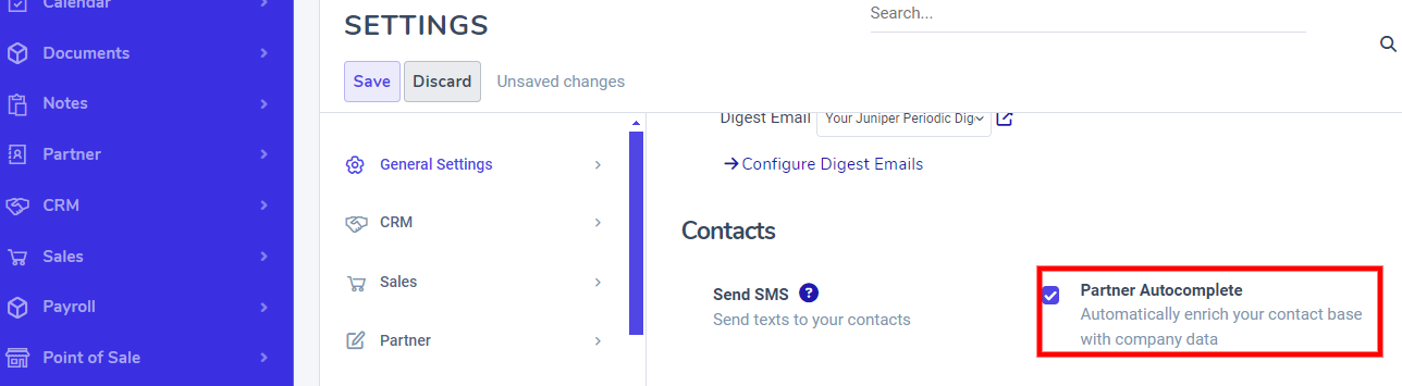 View of settings page and the activations of the feature in Juniper