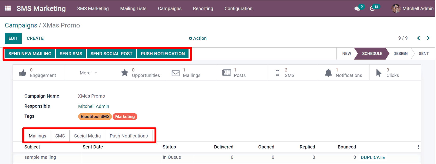 View of an SMS campaign template in Juniper SMS marketing.