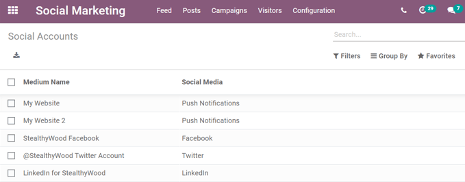 View of the social accounts page in the Juniper Social Marketing application.