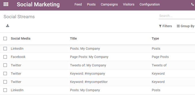 View of the social accounts page in the Juniper Social Marketing application.