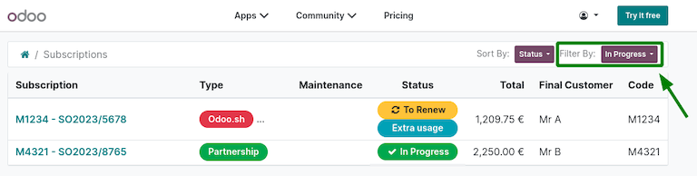 Juniper.com portal subscriptions filtered by "in progress".