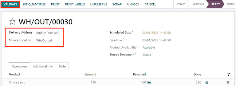 Click Validate on the delivery order to transfer the product from the output location to the customer location.