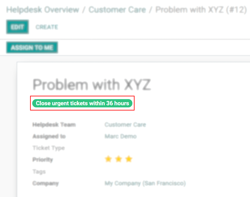 View of a ticket’s form emphasizing a satisfied SLA in Juniper Helpdesk