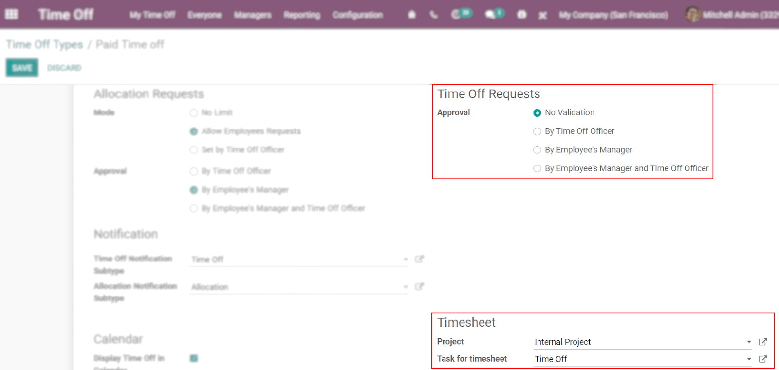 View of a time off types form emphasizing the time off requests and timesheets section in Juniper Time Off