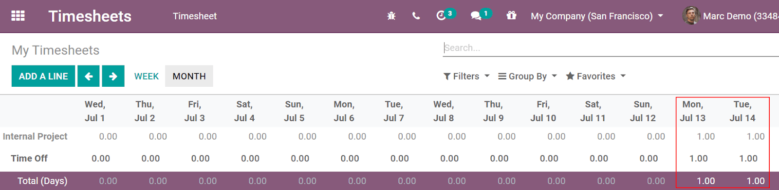 Video of timesheets emphasizing the requested time off from the employee in Juniper Timesheets