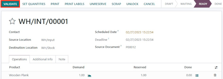 Validate the internal transfer to move the item to stock.