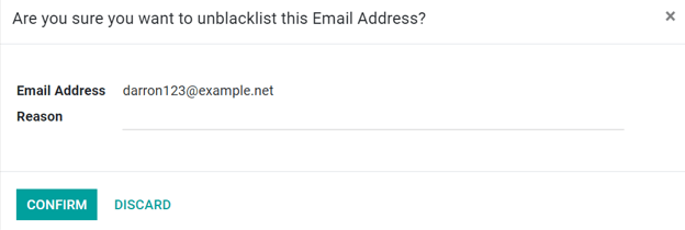 View of the unblacklist pop-up window in the Juniper Email Marketing application.