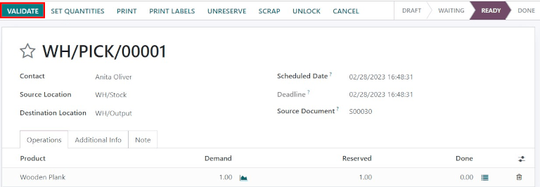 Validate the picking by clicking Validate.