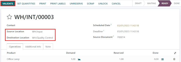 Validate the internal transfer to move the item to the Quality Control location.