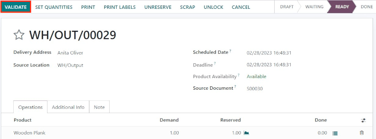 Click Validate on the delivery order to transfer the product from the output location to the customer location.
