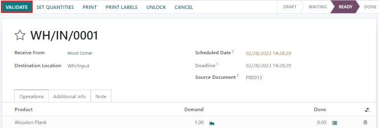 Validate the receipt by clicking Validate, then the product will be transferred to the WH/Input location.